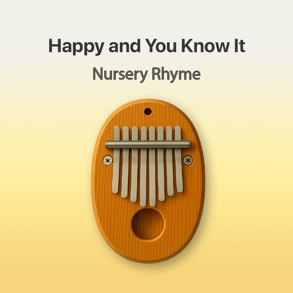 Wooden kalimba on a yellow background with text 'Happy and You Know It Nursery Rhyme'.