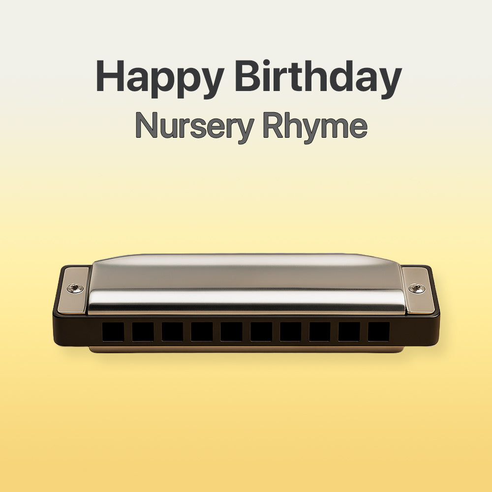 Harmonica on a yellow background with 'Happy Birthday Nursery Rhyme' text