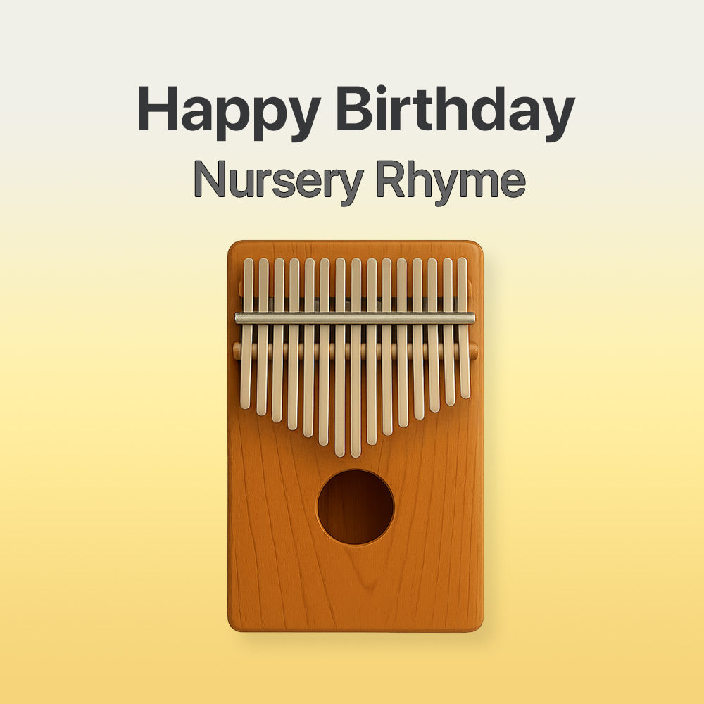 Wooden kalimba with 'Happy Birthday Nursery Rhyme' text on a yellow background