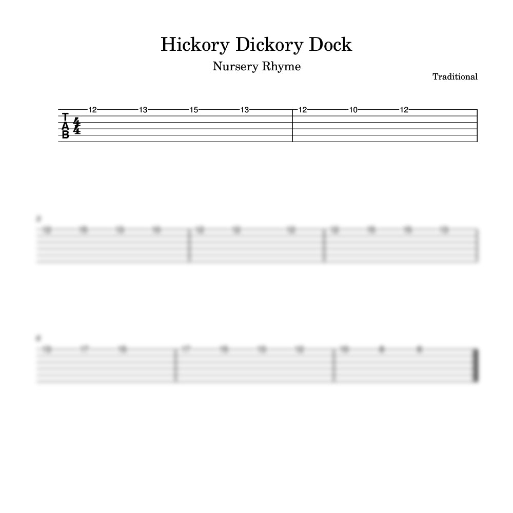 Music sheet for the nursery rhyme 'Hickory Dickory Dock' with guitar tablature.