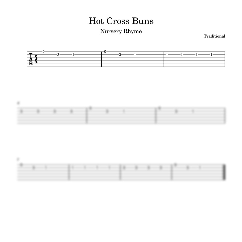 Sheet music for the nursery rhyme 'Hot Cross Buns' with guitar tablature.