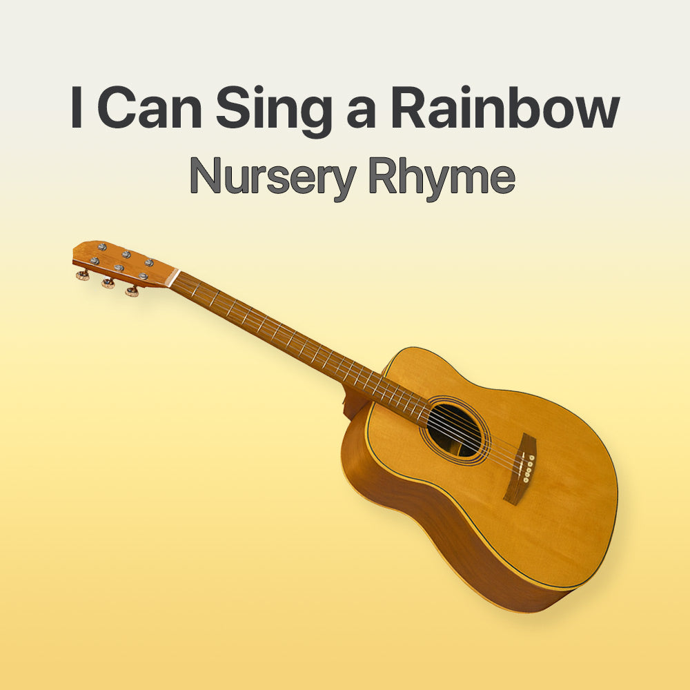Acoustic guitar on a yellow background with text 'I Can Sing a Rainbow Nursery Rhyme'.