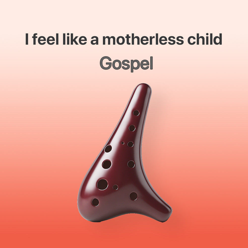 Wooden ocarina on a gradient background with text 'I feel like a motherless child Gospel'.