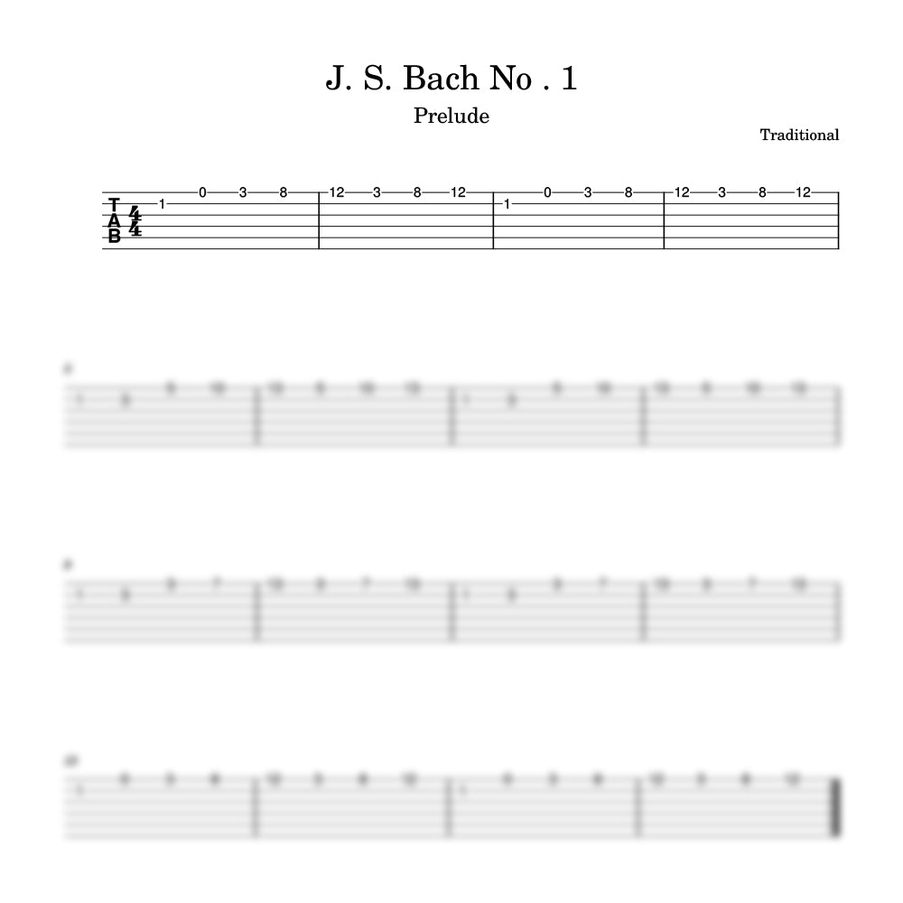 Sheet music for J. S. Bach No. 1 Prelude with tablature and notation.