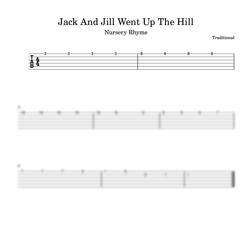 Music sheet for 'Jack And Jill Went Up The Hill' with guitar tablature and notation.