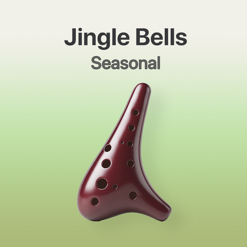 Red ocarina with 'Jingle Bells Seasonal' text on a green background