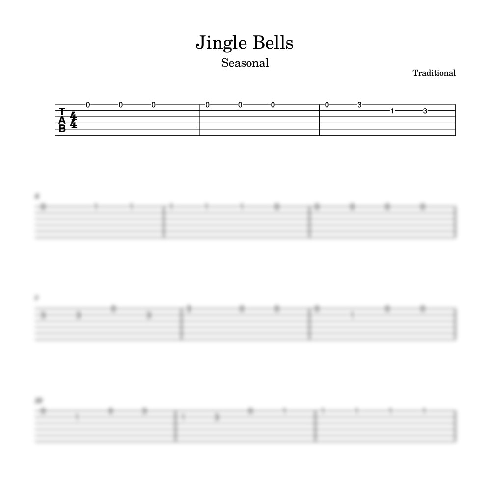 Music sheet for 'Jingle Bells' with guitar tablature on a white background