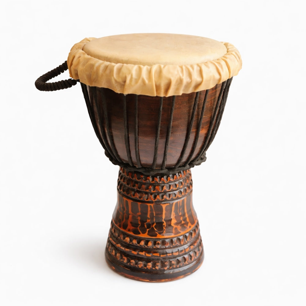 Wooden African Mahogany Djembe Drum with a beaded rim on a white background