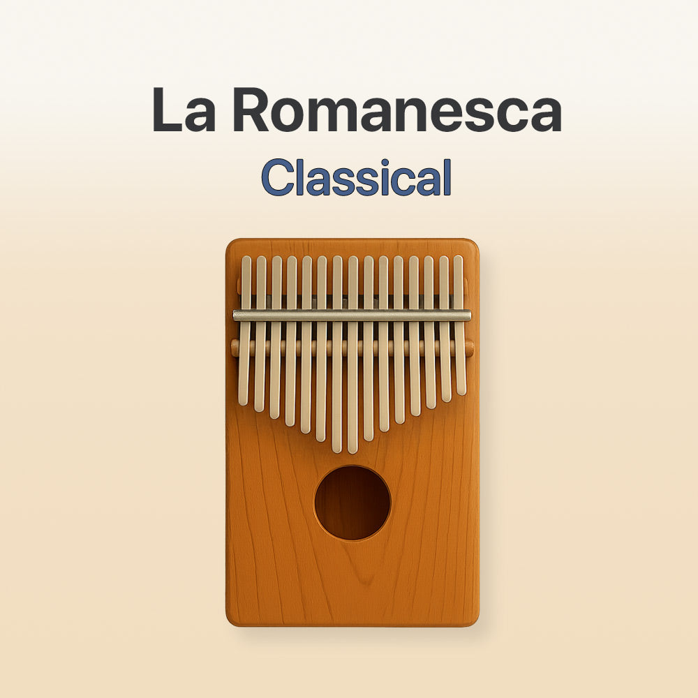 Wooden kalimba with metal tines on a beige background, labeled 'La Romanesca Classical'.