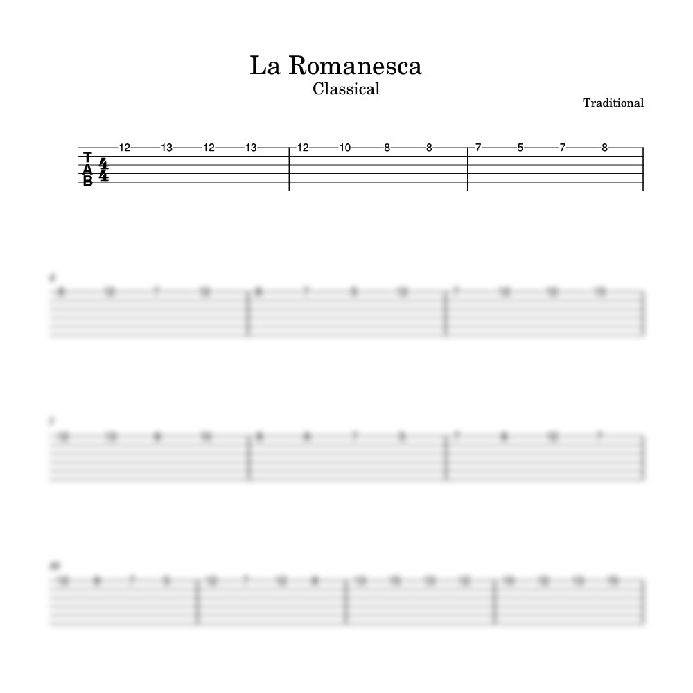 Music sheet for 'La Romanesca' classical guitar tablature on a white background