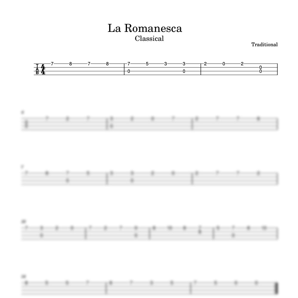 Sheet music for 'La Romanesca' classical piece with clef and notes.
