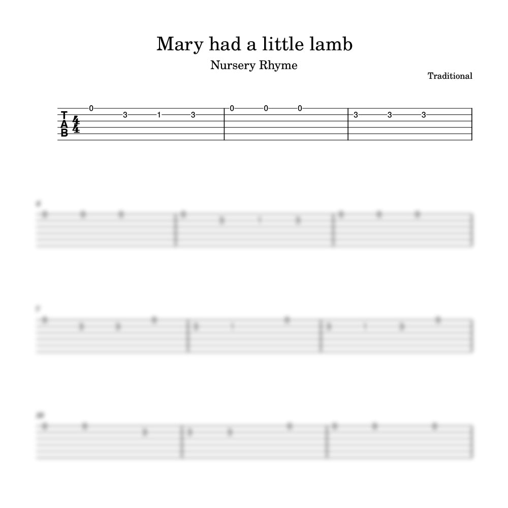 Music sheet for 'Mary had a little lamb' with guitar tablature