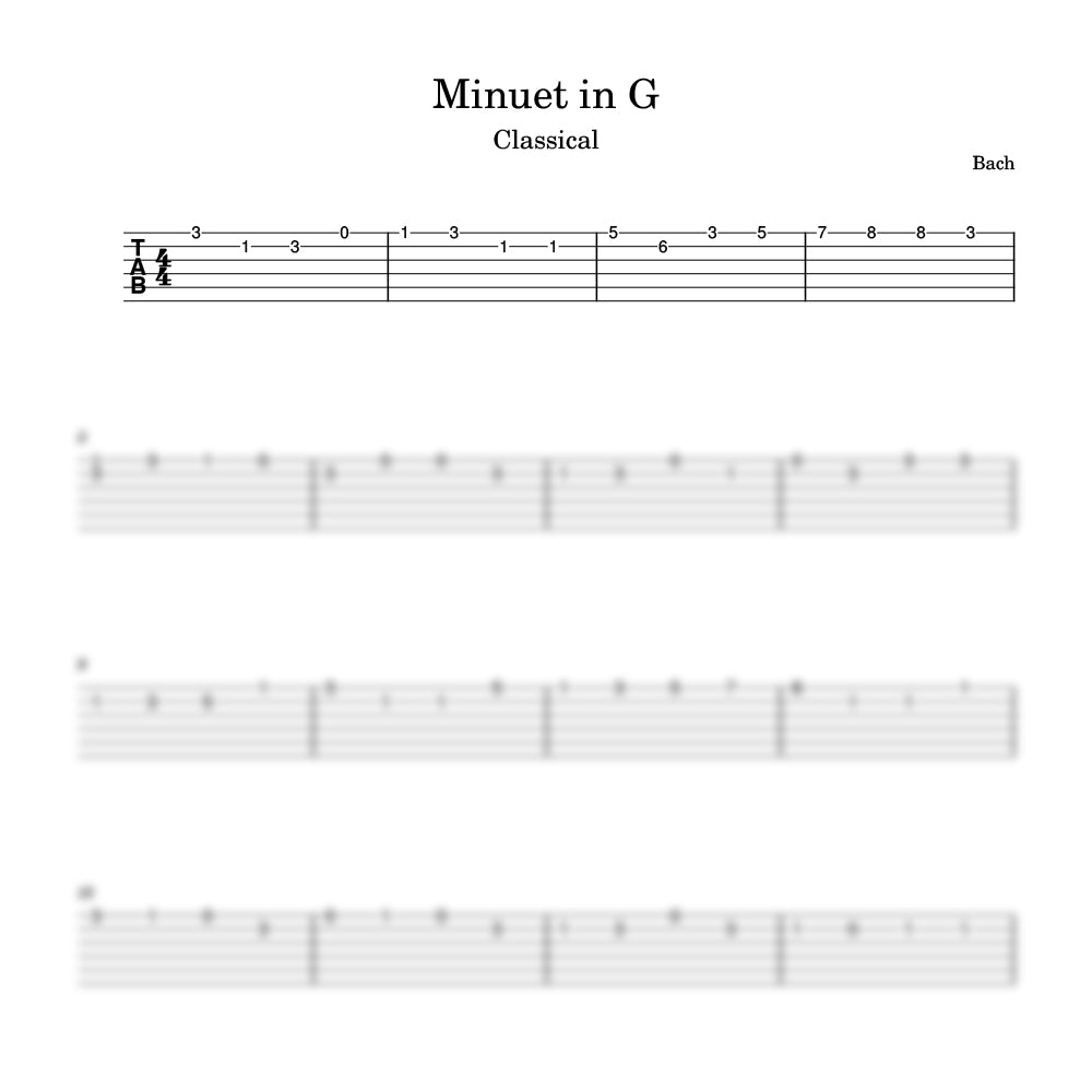 Sheet music for 'Minuet in G' by Bach with tablature and notation.