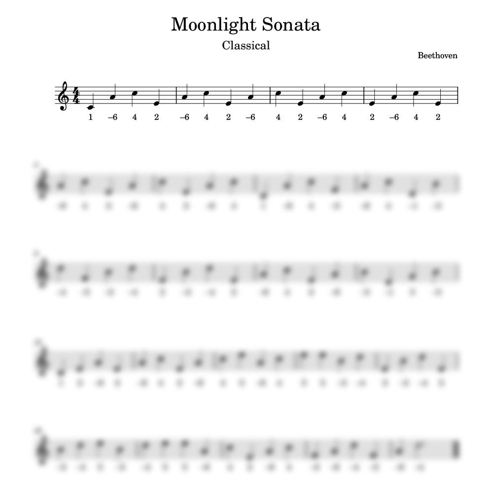 Sheet music for 'Moonlight Sonata' by Beethoven with clef and staff notation.