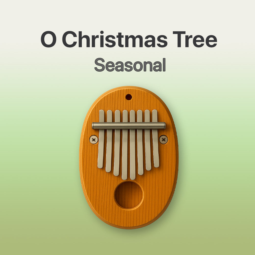 Wooden kalimba with 'O Christmas Tree Seasonal' text on a light green background
