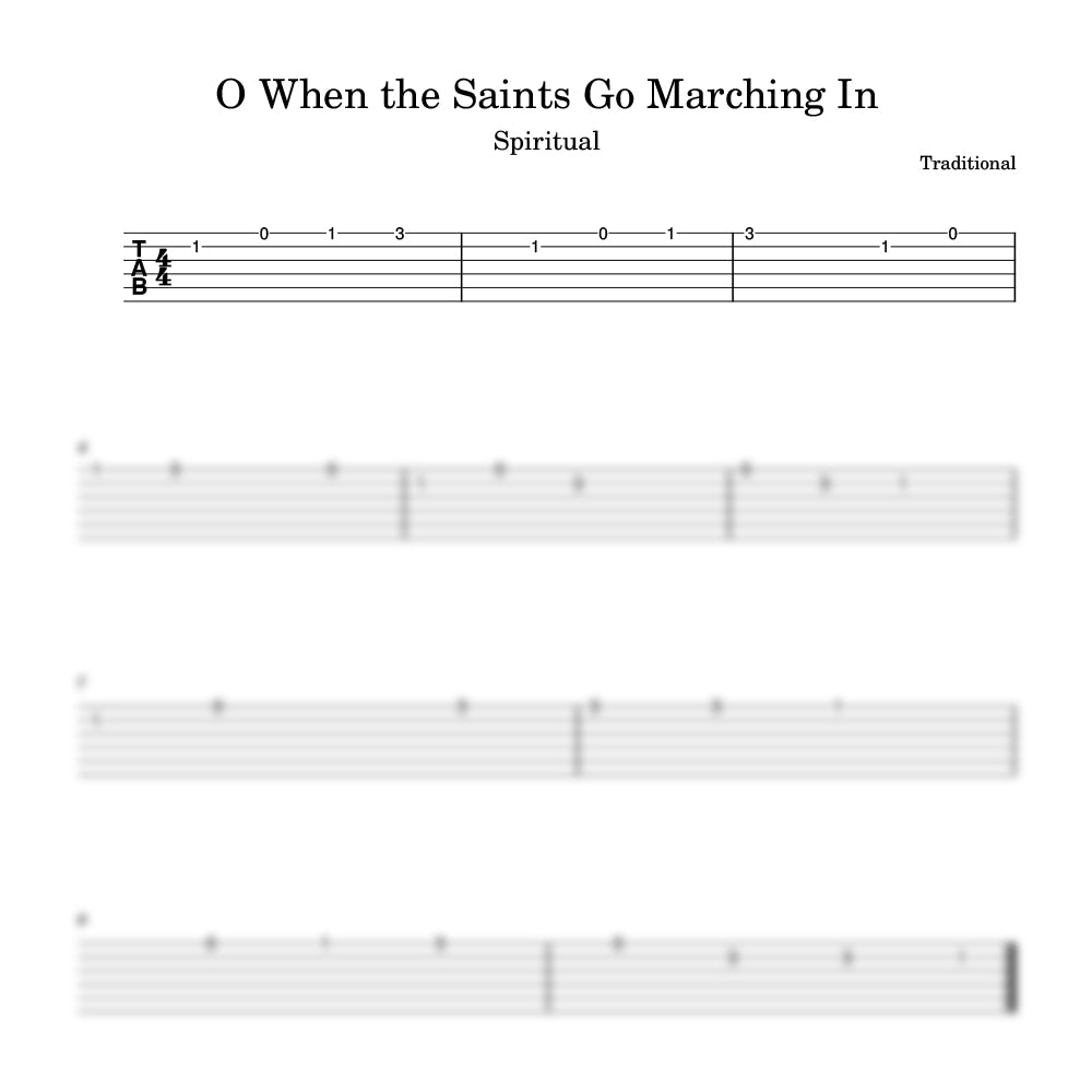 Music sheet for 'O When the Saints Go Marching In' with guitar tab and staff notation.