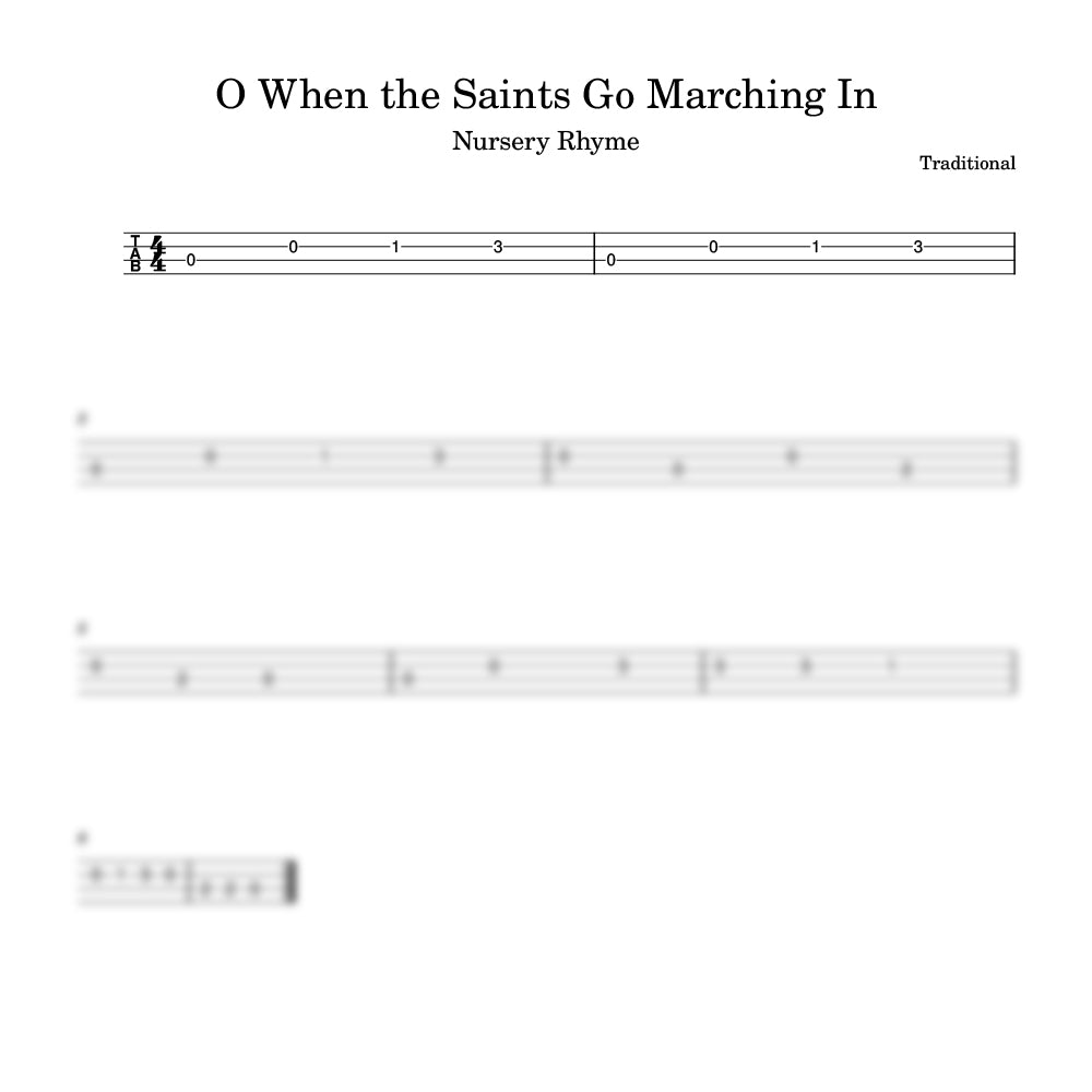 Music sheet for 'O When the Saints Go Marching In' with staff notation and lyrics.