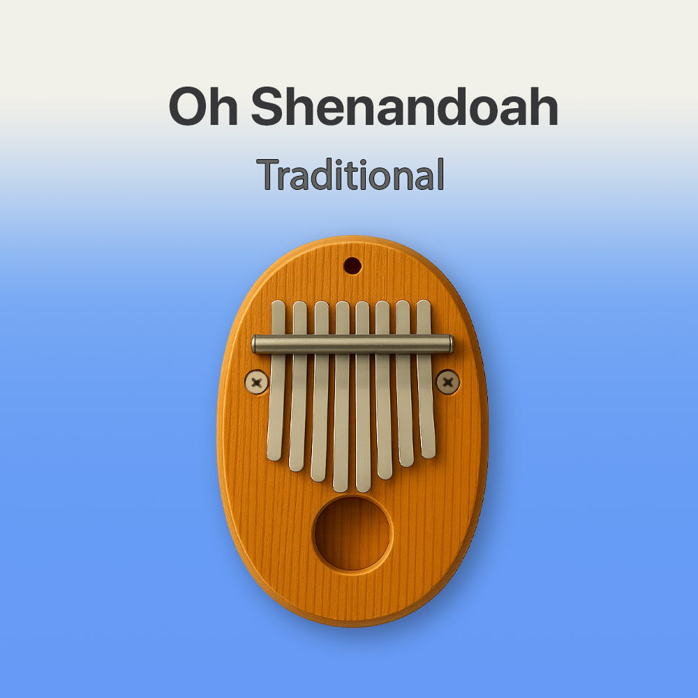 Wooden kalimba with metal tines on a blue background, labeled 'Oh Shenandoah Traditional'.