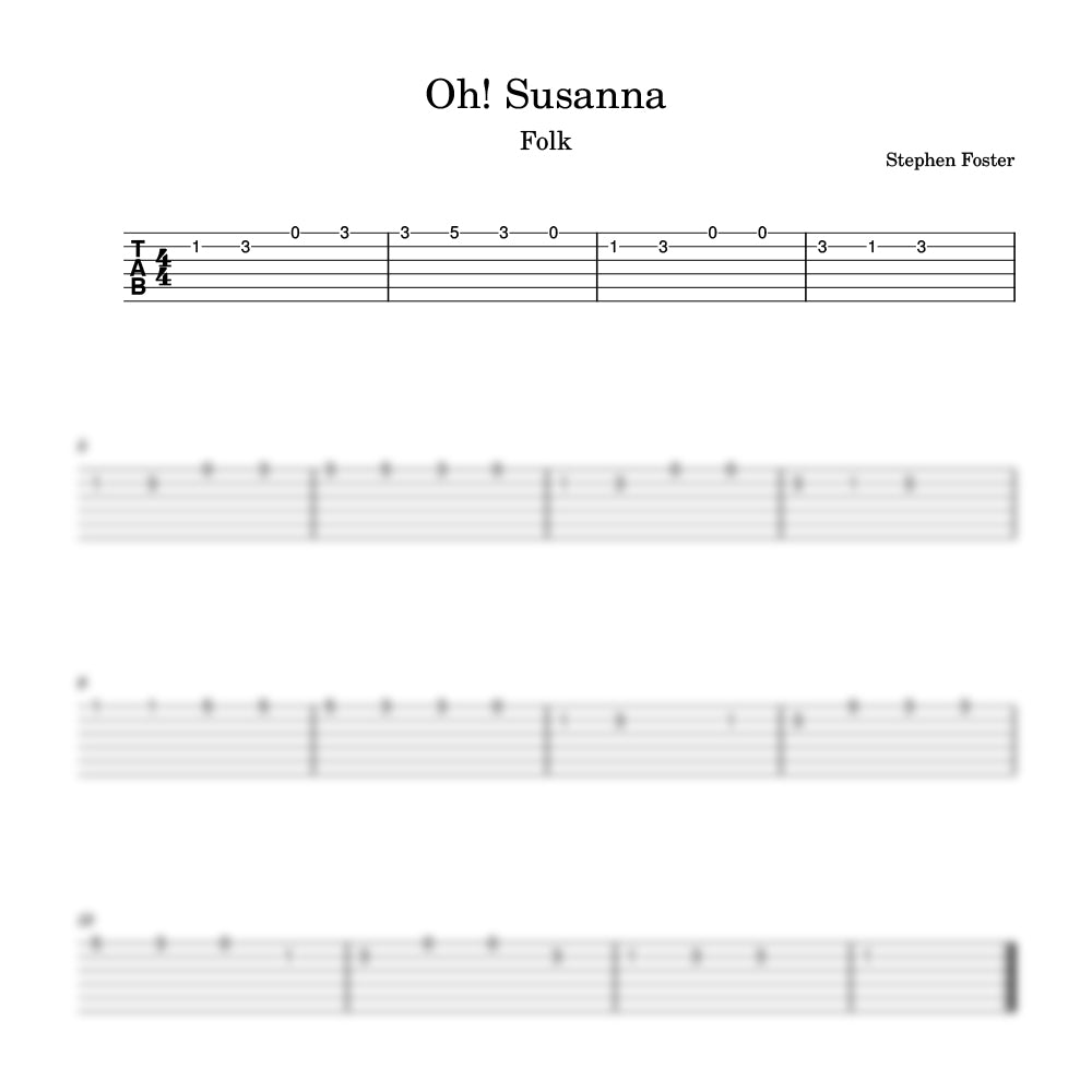 Sheet music for 'Oh! Susanna' by Stephen Foster with guitar tablature.