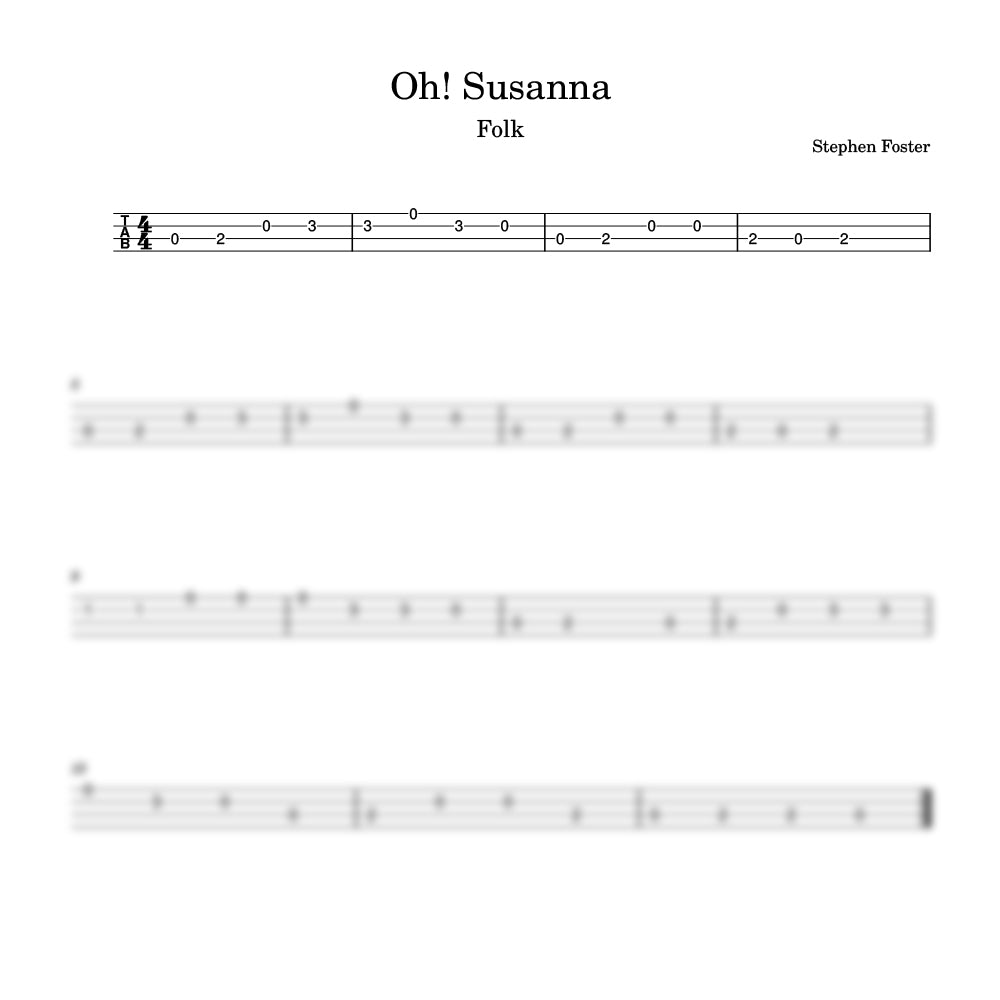 Sheet music for 'Oh Susanna' by Stephen Foster with ukulele tablature.