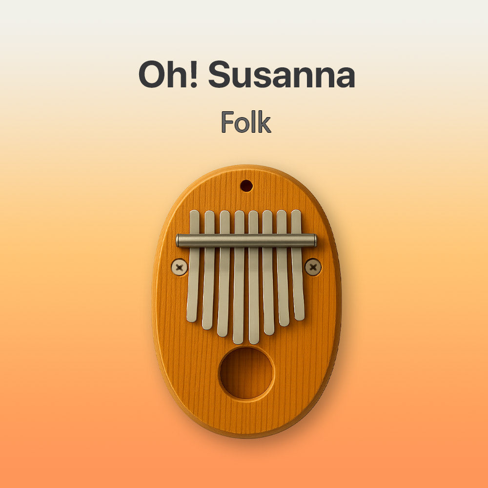 Wooden kalimba with metal tines on a gradient background, featuring the text 'Oh! Susanna Folk'.