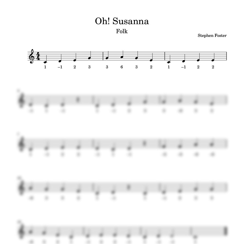 Sheet music for 'Oh! Susanna' by Stephen Foster with staff notation 
