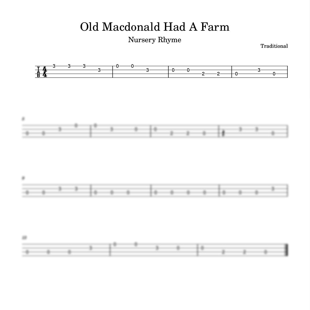 Sheet music for the nursery rhyme 'Old Macdonald Had a Farm' with guitar tablature.