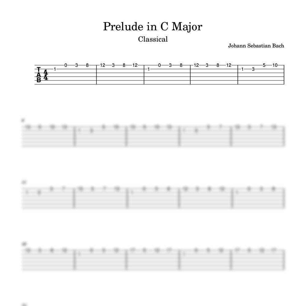 Sheet music for 'Prelude in C Major' by Johann Sebastian Bach, showing guitar tablature and staff notation.
