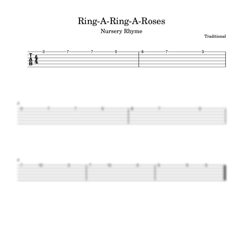 Music sheet for 'Ring-A-Ring-A-Roses' nursery rhyme with guitar tablature.