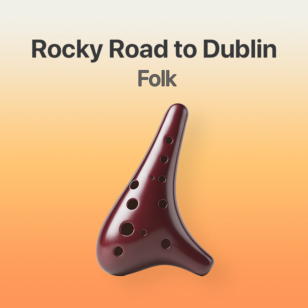 Wooden ocarina with 'Rocky Road to Dublin Folk' text on a gradient background