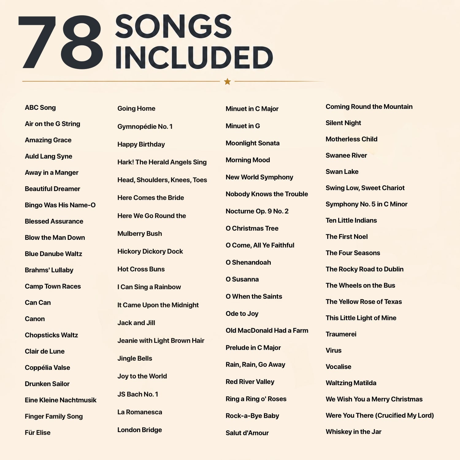A beige sheet featuring the text '78 SONGS INCLUDED' in large dark gray lettering at the top, with four columns of song titles listed below in smaller dark gray text.