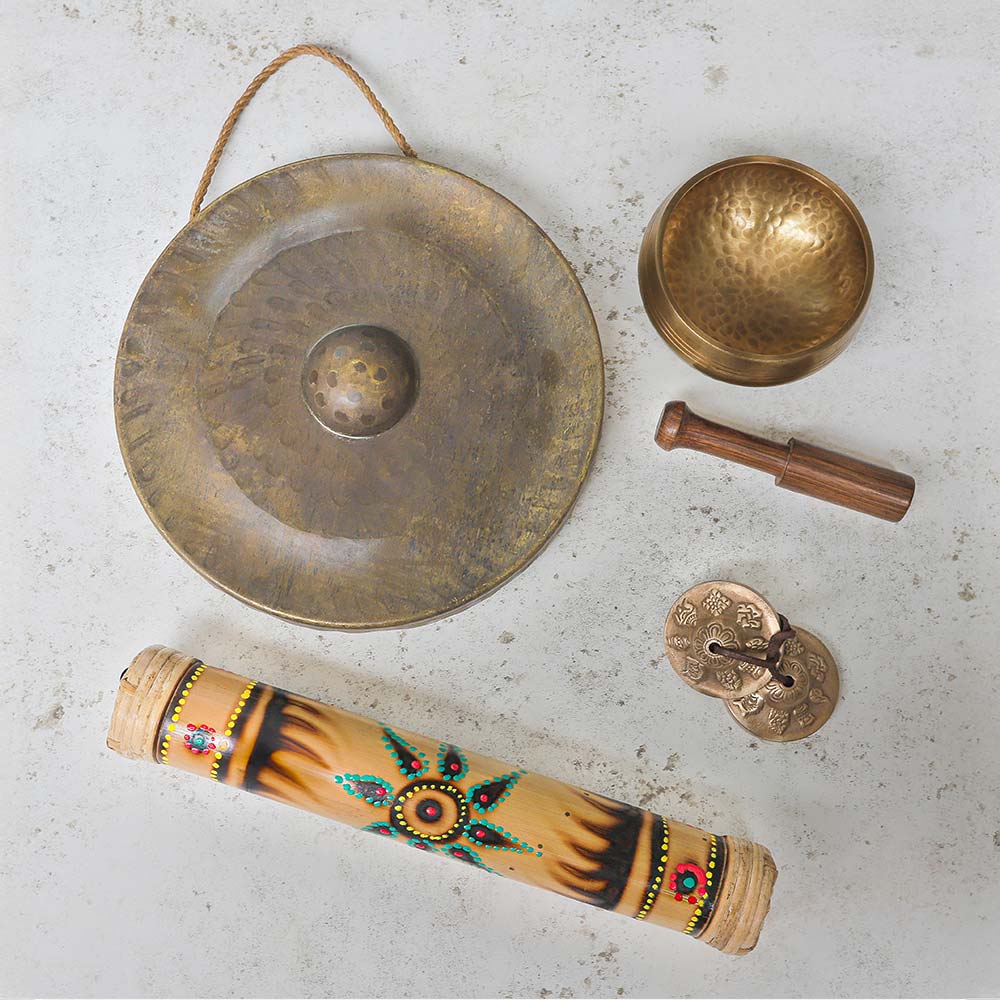 musical instrument bundle sound therapy gong tingsha rainstick and singing bowl.