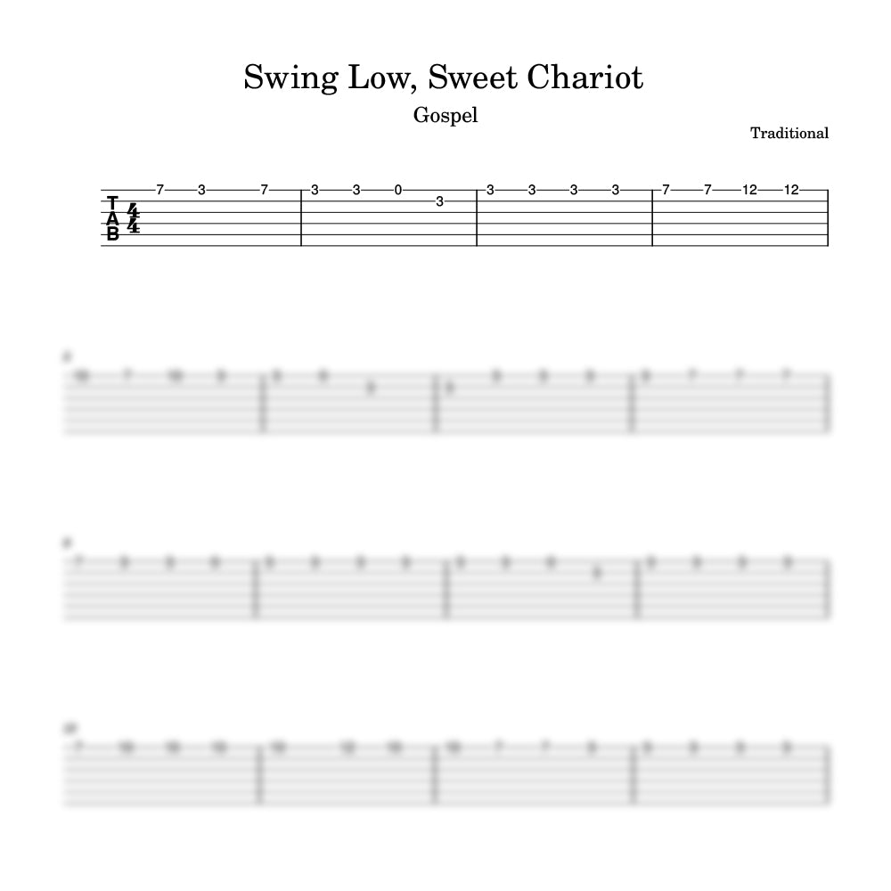 Sheet music for 'Swing Low, Sweet Chariot' with guitar tablature and staff notation.