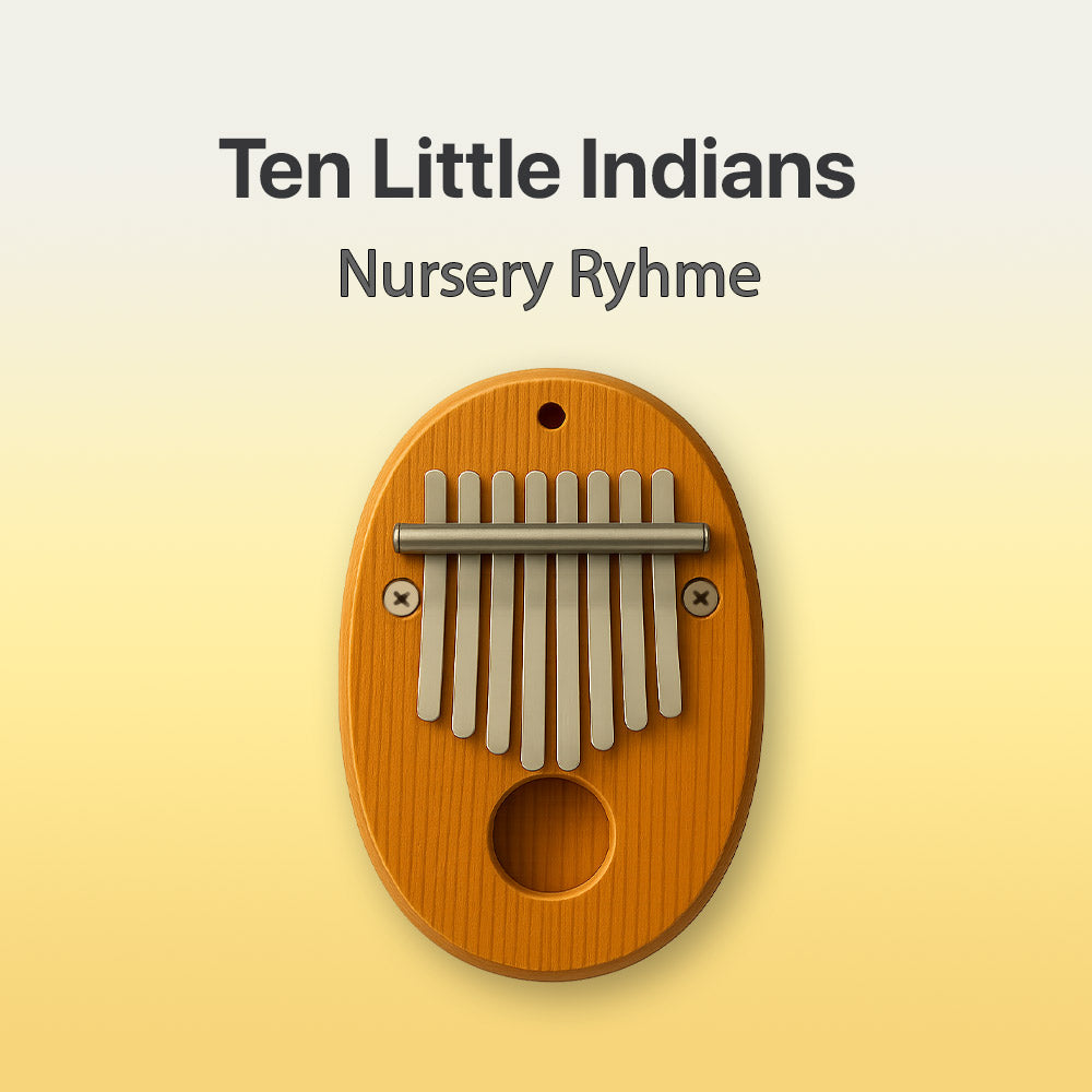 Wooden kalimba with text 'Ten Little Indians Nursery Rhyme' on a yellow background