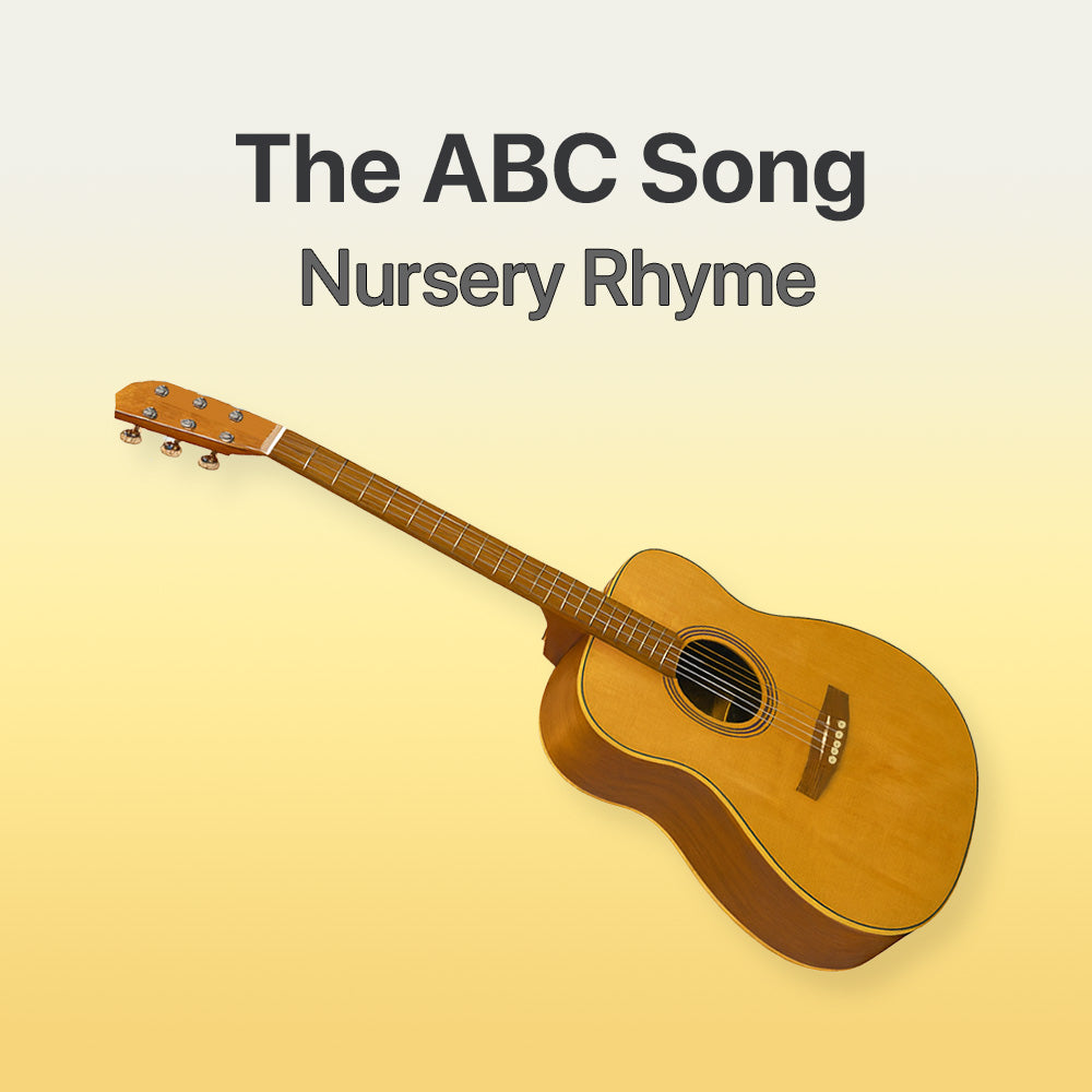 Acoustic guitar on a yellow background with text 'The ABC Song Nursery Rhyme'.