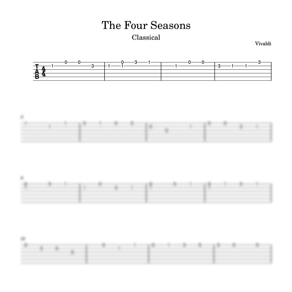 Sheet music for 'The Four Seasons' by Vivaldi with tablature
