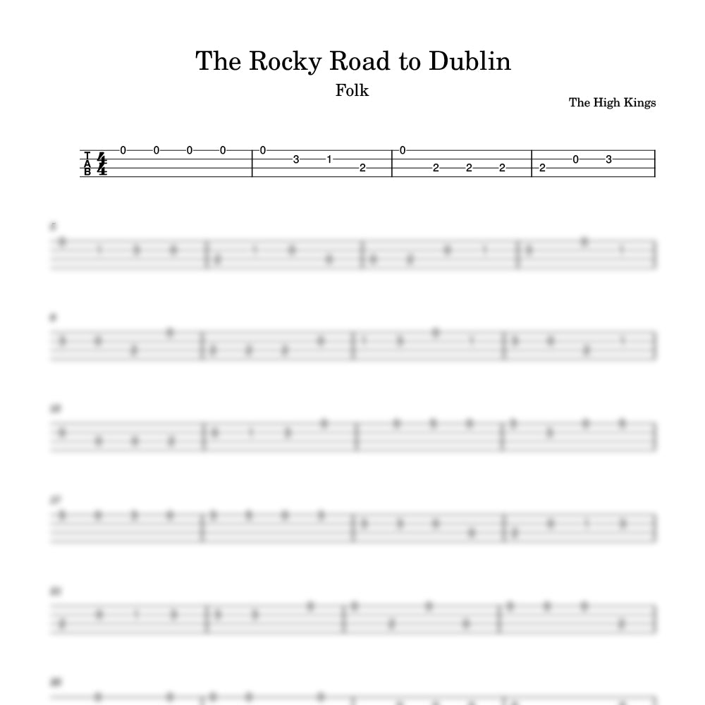 Music sheet for 'The Rocky Road to Dublin' by The High Kings with tablature and notes.