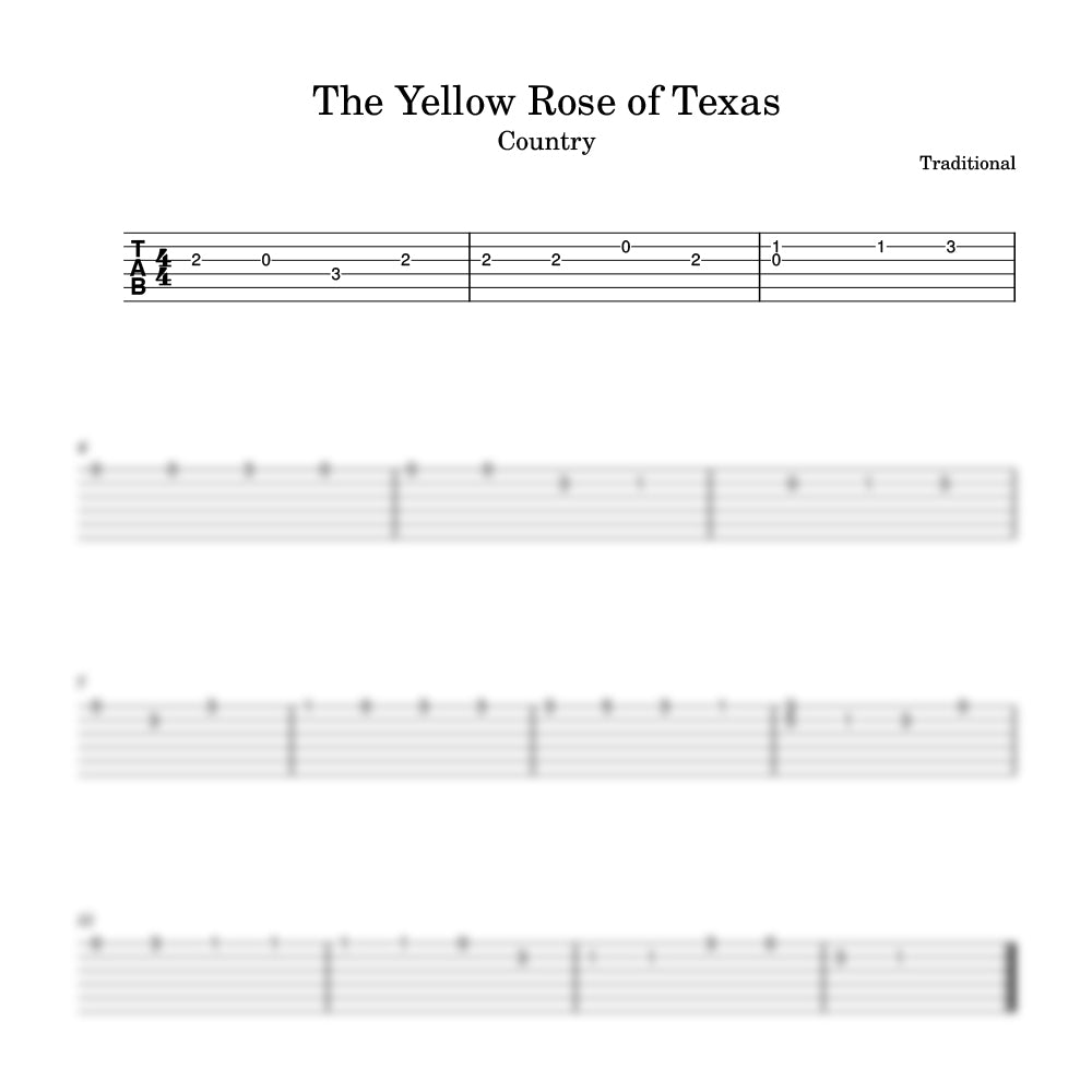 Music sheet for 'The Yellow Rose of Texas' with tablature and staff notation.