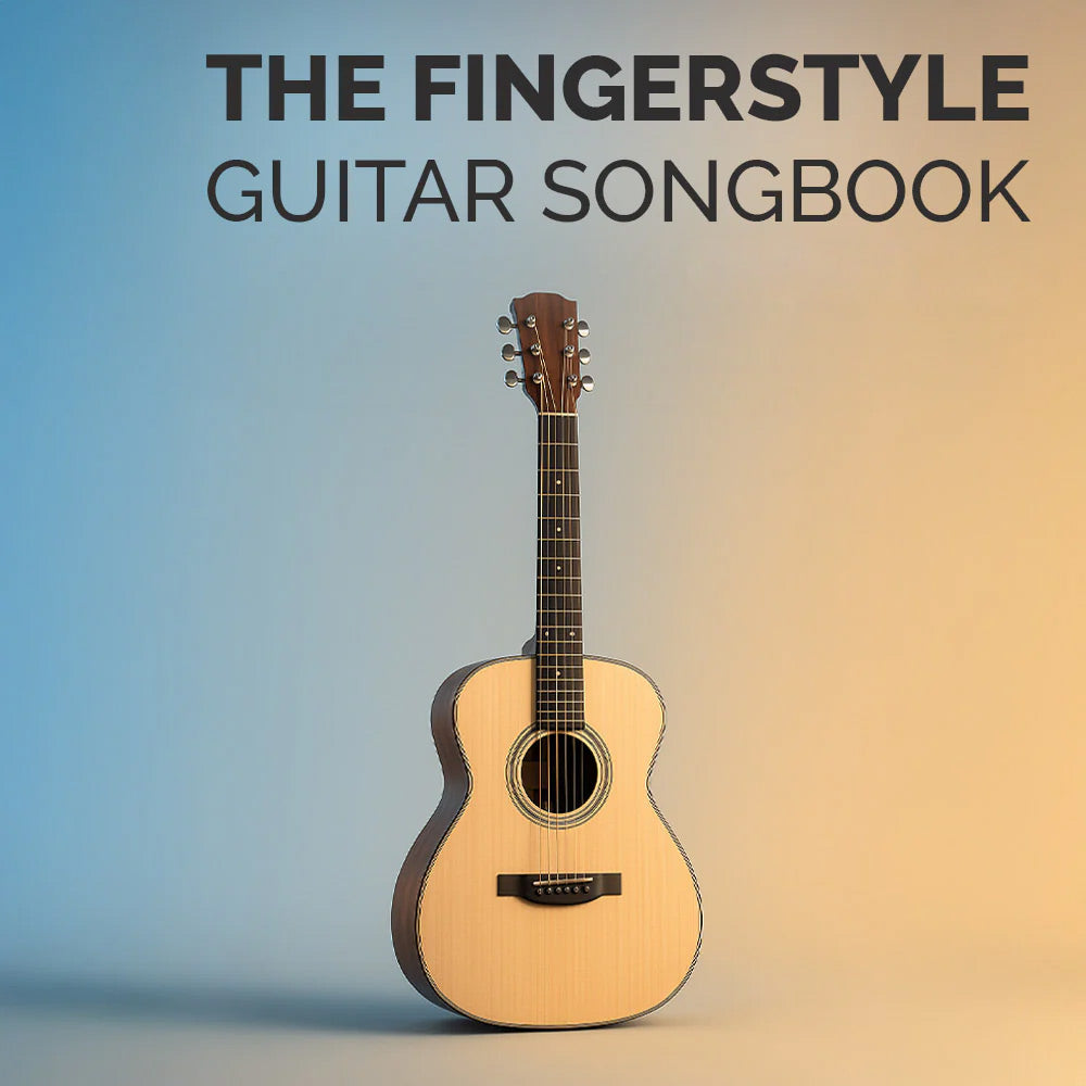 Acoustic guitar on a gradient background with 'The Fingerstyle Guitar Songbook' text.