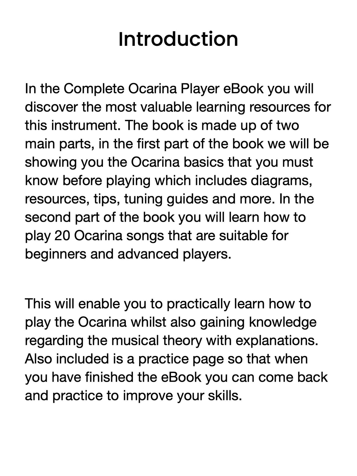 Introduction text for a Complete Ocarina Player eBook on a white background