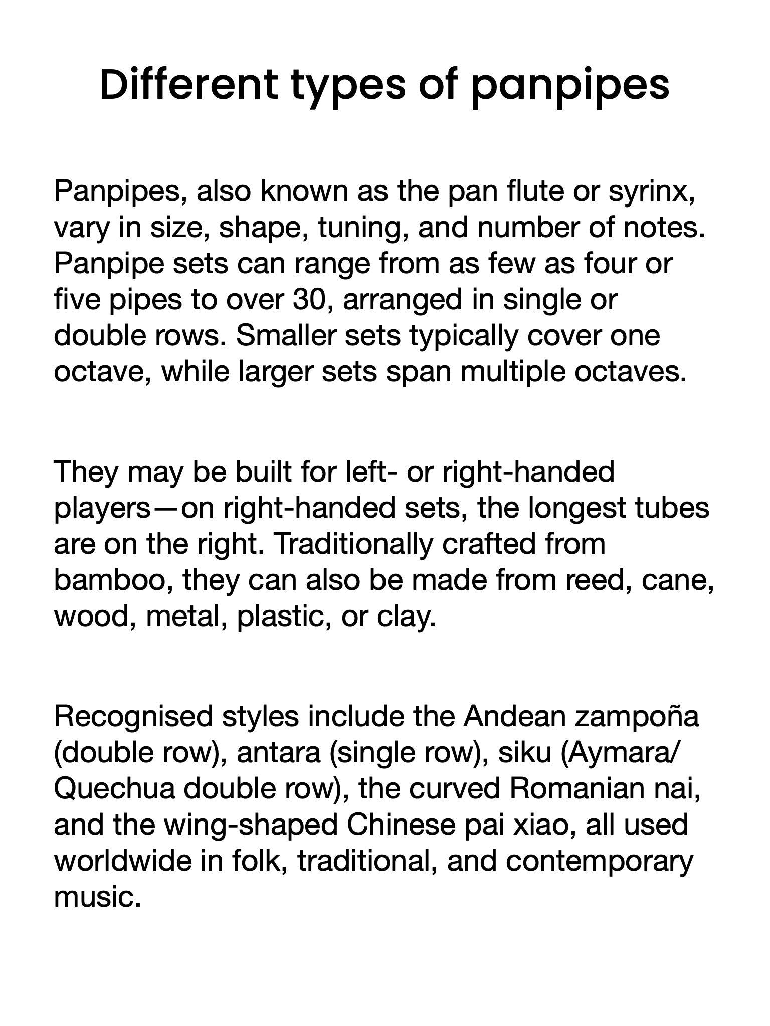 Text description of different types of panpipes on a white background