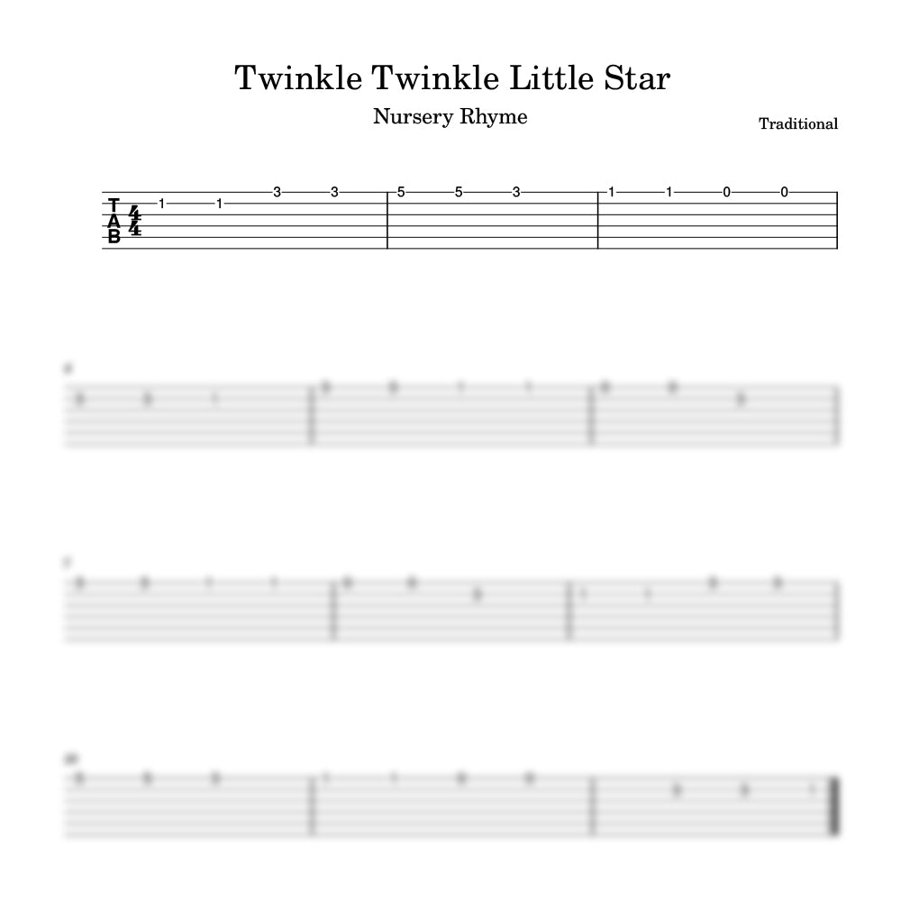 Sheet music for 'Twinkle Twinkle Little Star' with guitar tablature on a white background.