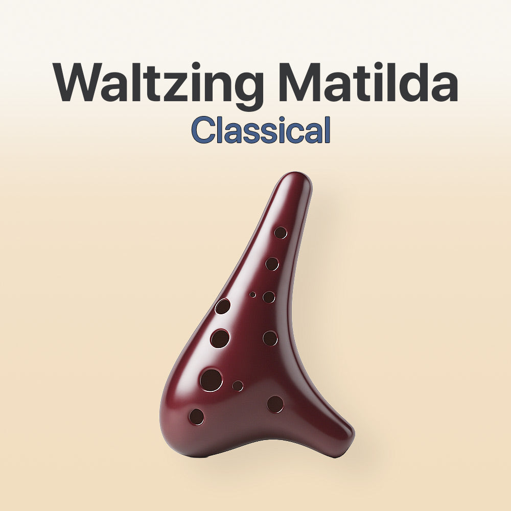 Maroon ocarina with 'Waltzing Matilda Classical' text on a beige background