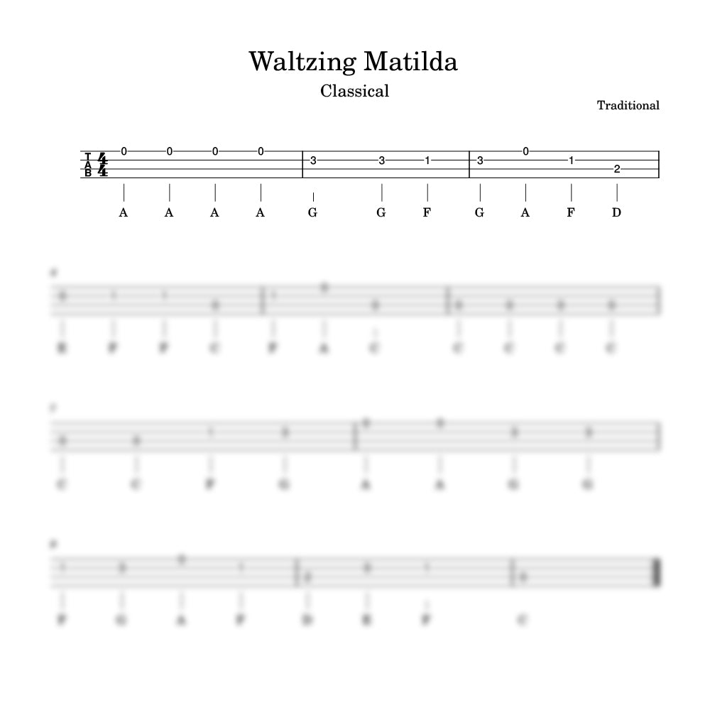 Sheet music for 'Waltzing Matilda' with tablature and notes.