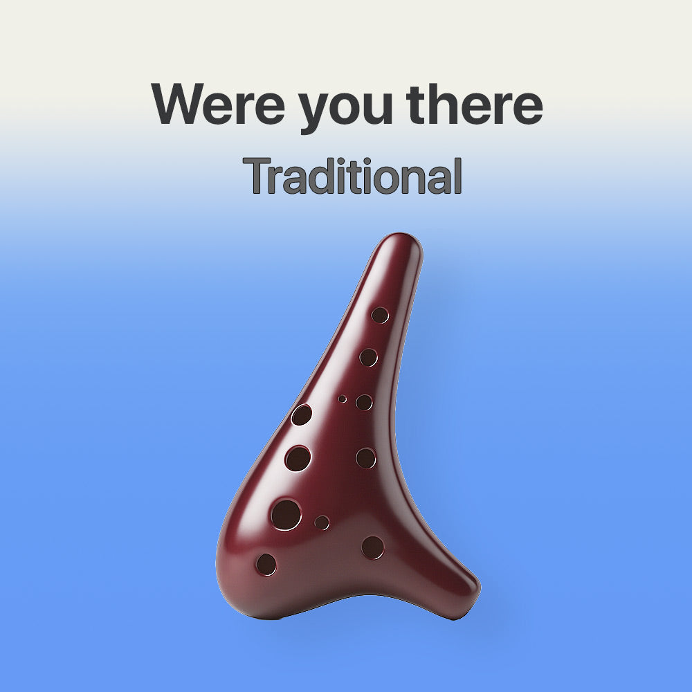 Brown ocarina on a blue background with text 'Were you there Traditional'.