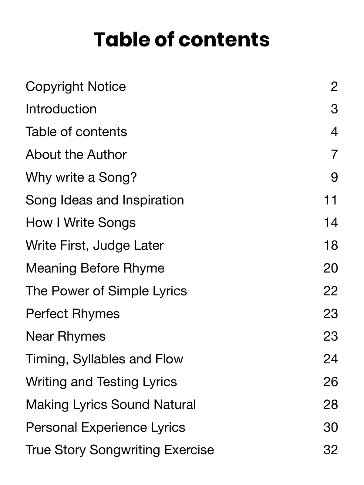 Become a Songwriter table of contents preview showing inspiration, lyric writing, rhyme, timing and songwriting exercises