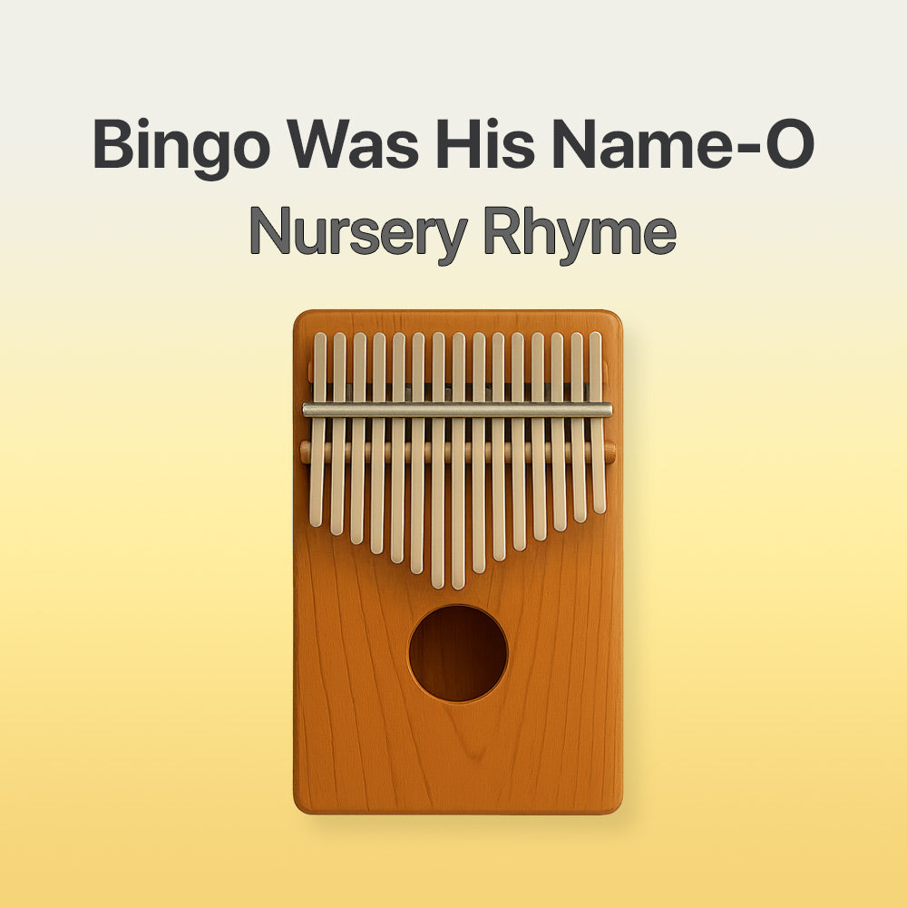 Wooden kalimba with text 'Bingo Was His Name-O Nursery Rhyme' on a yellow background