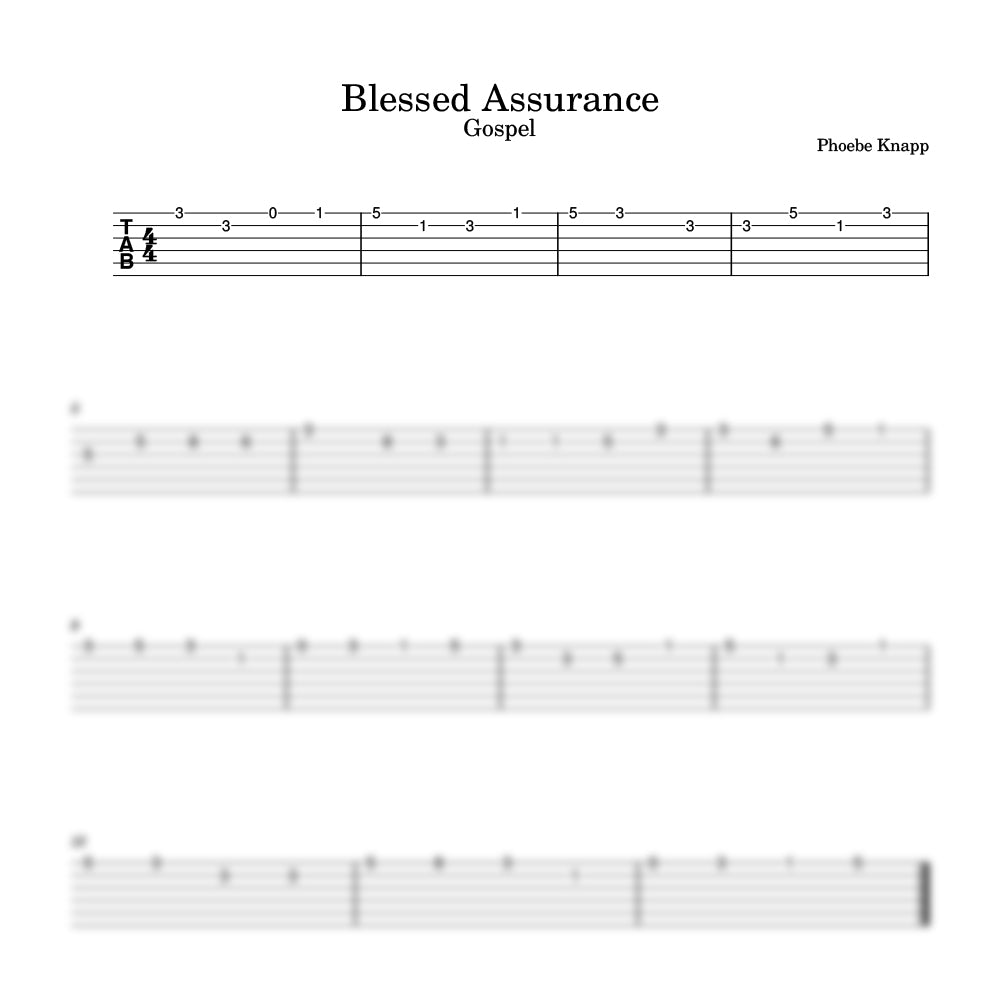 Sheet music for 'Blessed Assurance' by Phoebe Knapp with guitar tablature.