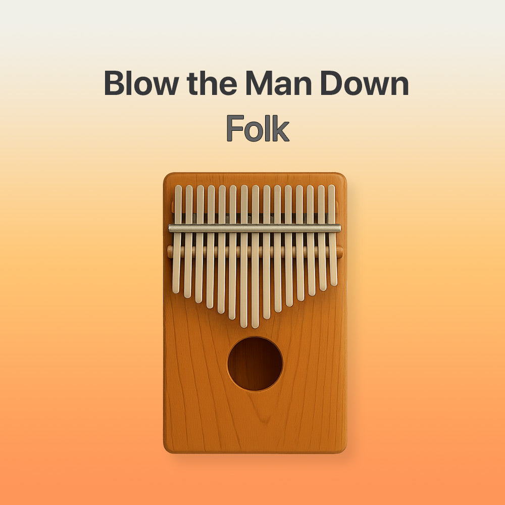 Wooden kalimba with 'Blow the Man Down Folk' text on a gradient background