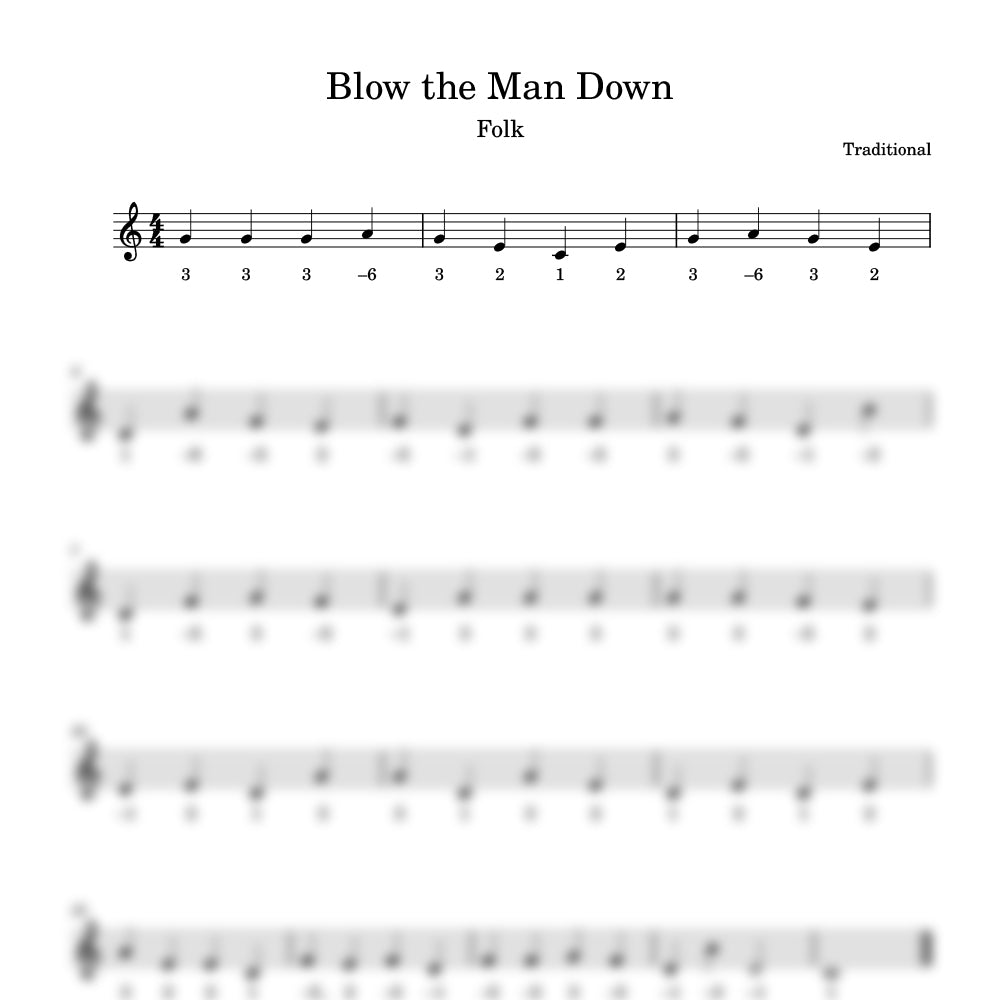 Sheet music for 'Blow the Man Down' with number notes preview 